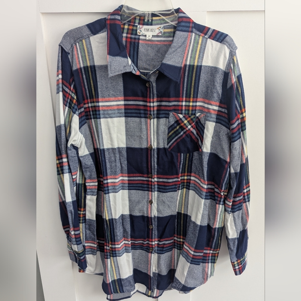 Pink Rose Plaid Button-Up Shirt - Blue, Red, White XL